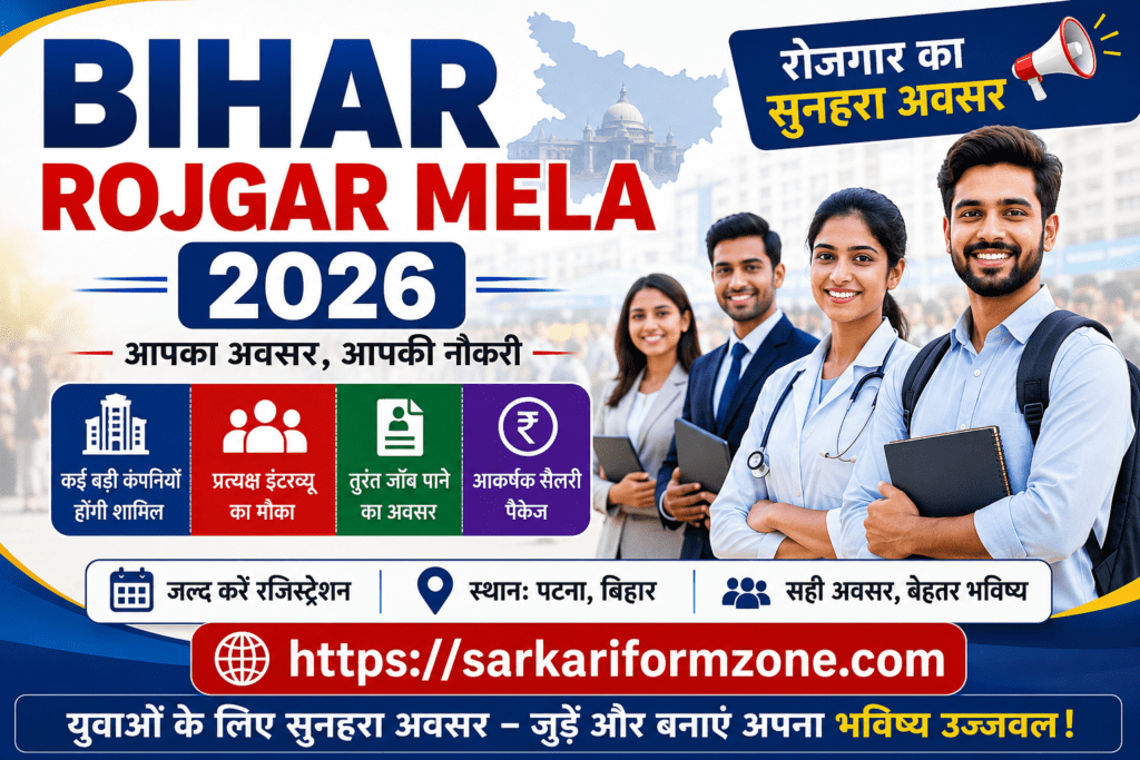 Bihar Rojgar Mela 2026 featured image with job fair details, registration information, salary package, and healthcare professionals in Patna Bihar